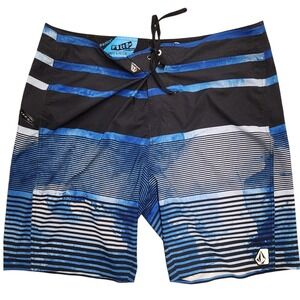 Volcom Boardies‎ Swim Trunks Shorts Black Blue Striped 4-Way Stretch V4S